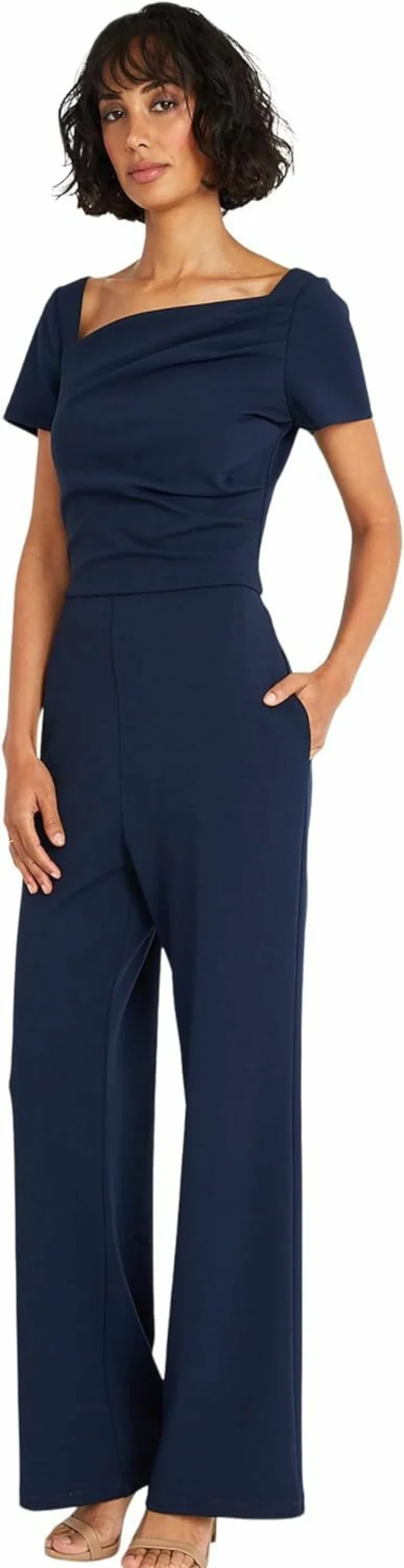 Maggy London Women's Asymmetric Neck Short Sleeve Jumpsuit | Cocktail Dressy Romper for Women