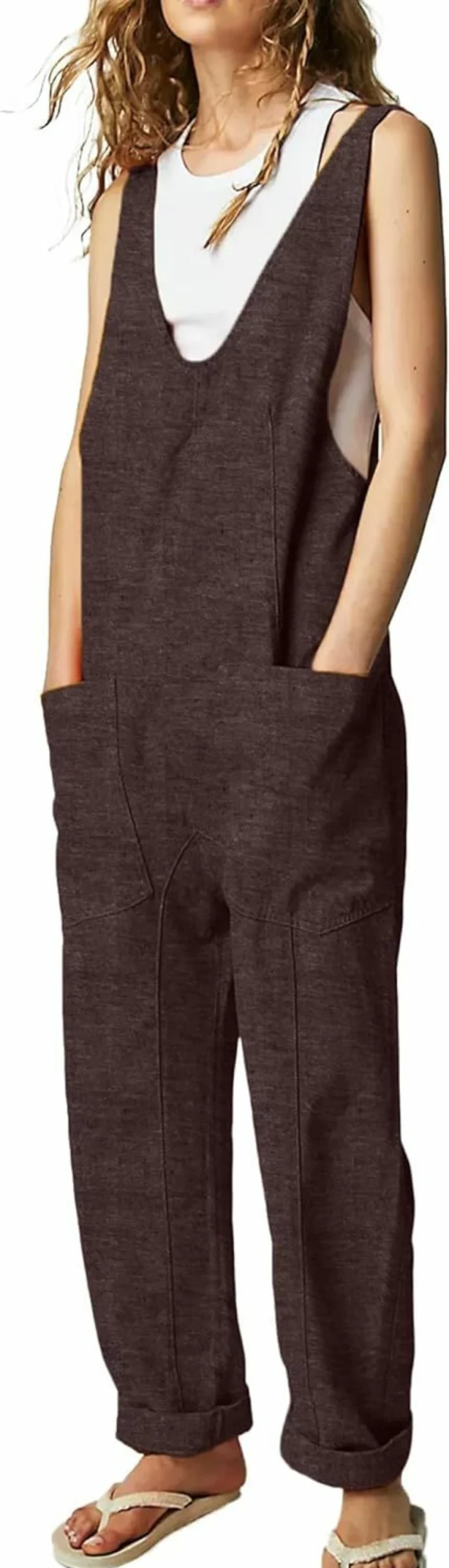 Maixang Women's Sleeveless Deep V-Neck Romper Jumpsuit with Pockets - Casual Summer Overalls for Women