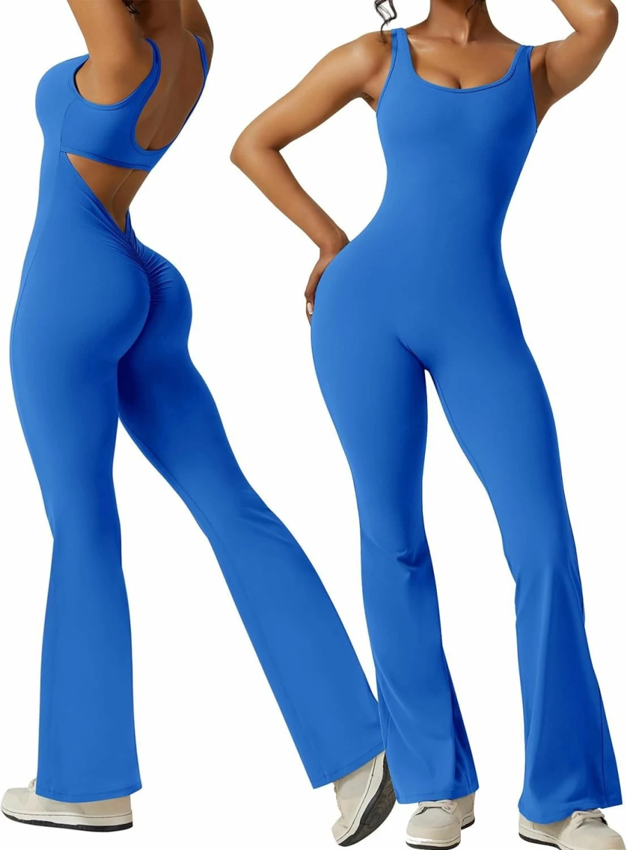 Adisputent Women's Sexy V-Neck Scoop Backless Yoga Romper Jumpsuit - Flare Sleeveless Unitard Playsuit for Butt Lifting & Bodycon Fit