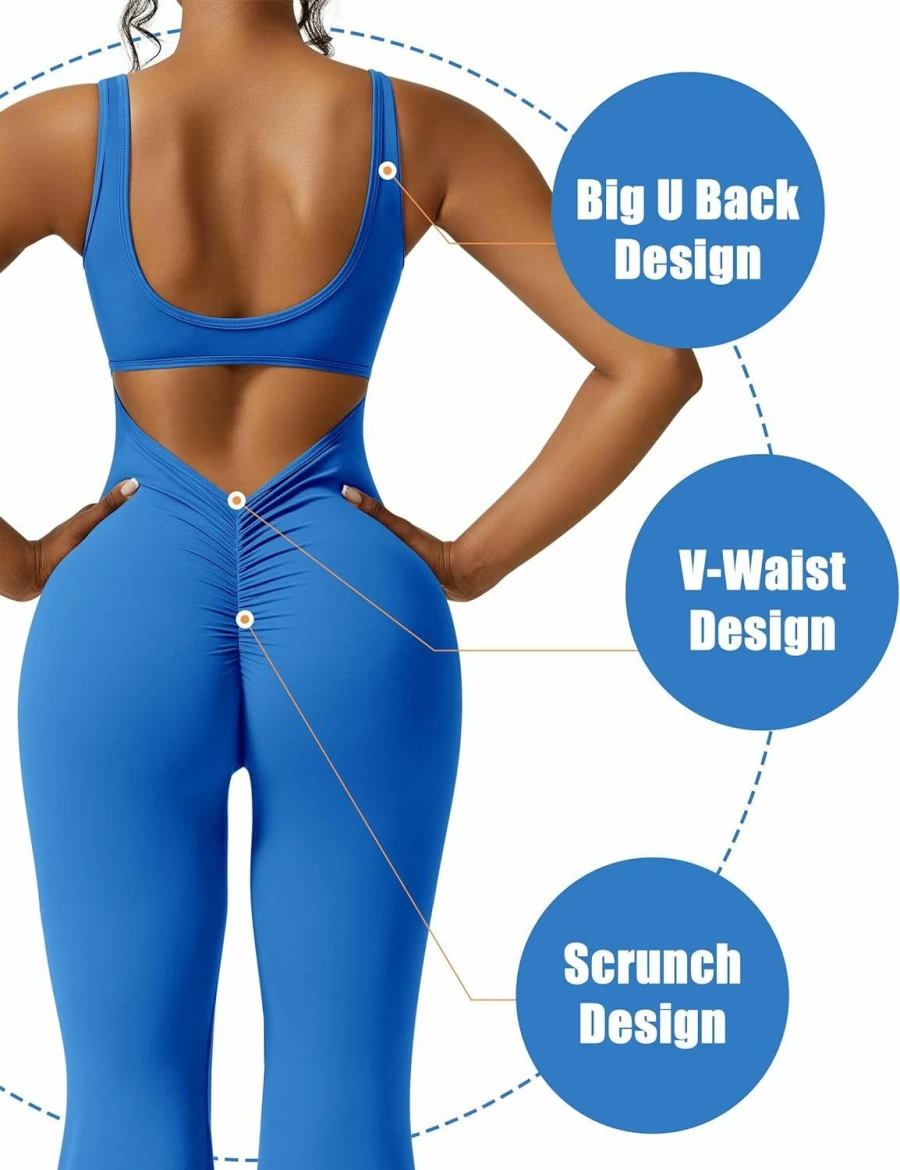 Adisputent Women's Sexy V-Neck Scoop Backless Yoga Romper Jumpsuit - Flare Sleeveless Unitard Playsuit for Butt Lifting & Bodycon Fit
