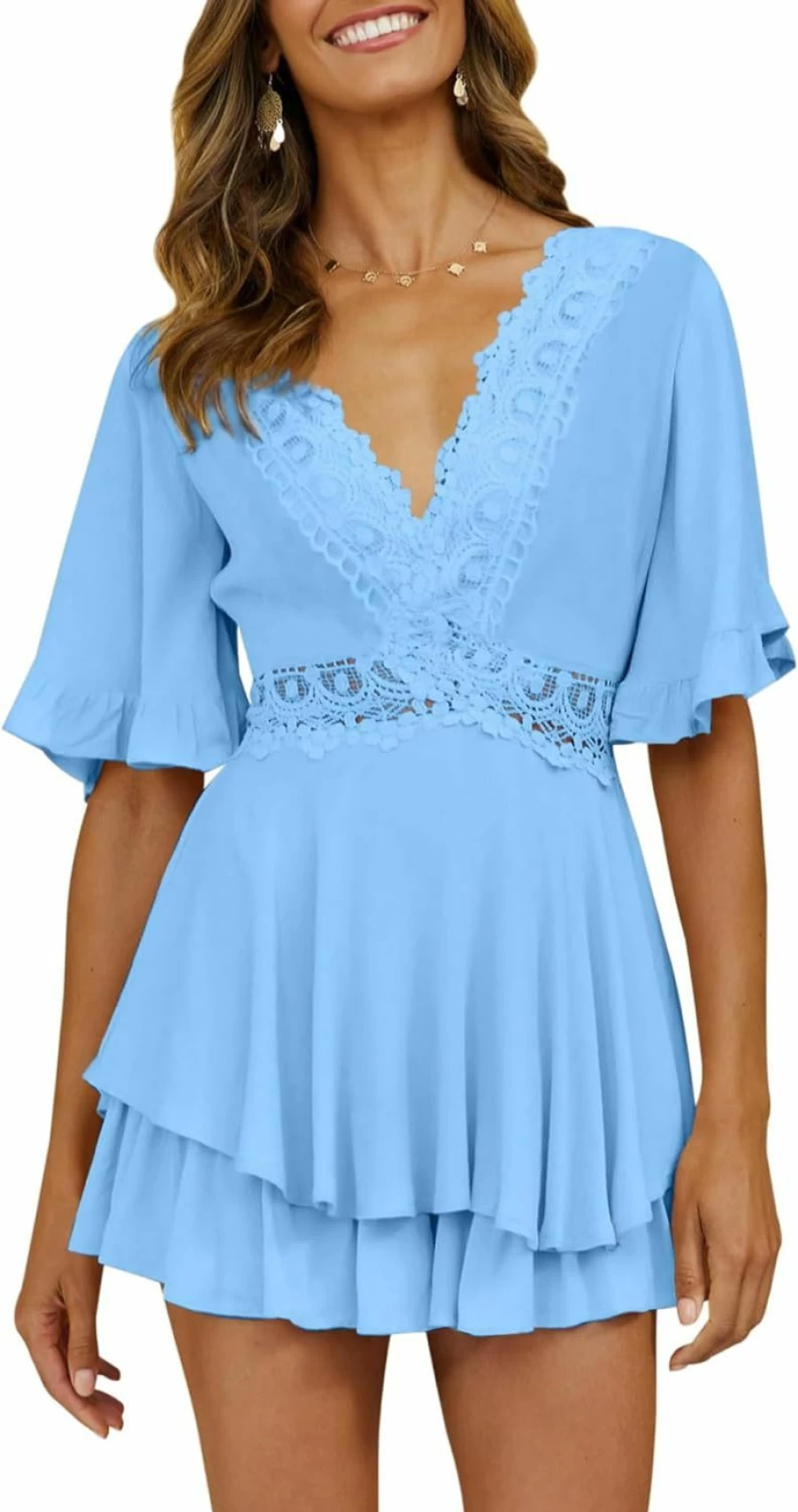 AIMCOO Women's Summer Casual Crochet Lace Romper with V-Neck, Ruffled Flare Sleeves, and Hollow Waist Design