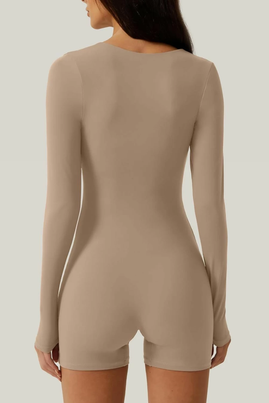 QINSEN Women's Stretchy Square Neck Long Sleeve Bodycon Jumpsuit - Sexy One Piece Romper Unitard for Women