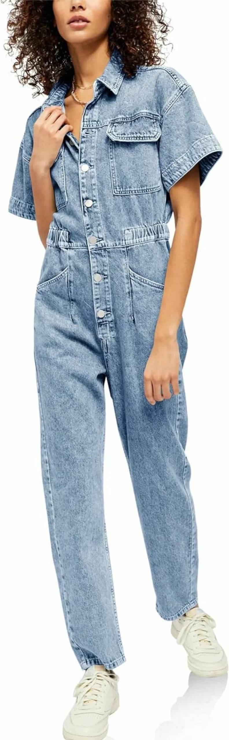 PLNOTME Women's Denim Jumpsuit with Elastic Waist, Button Down Short Sleeve Romper and Long Pants with Pockets