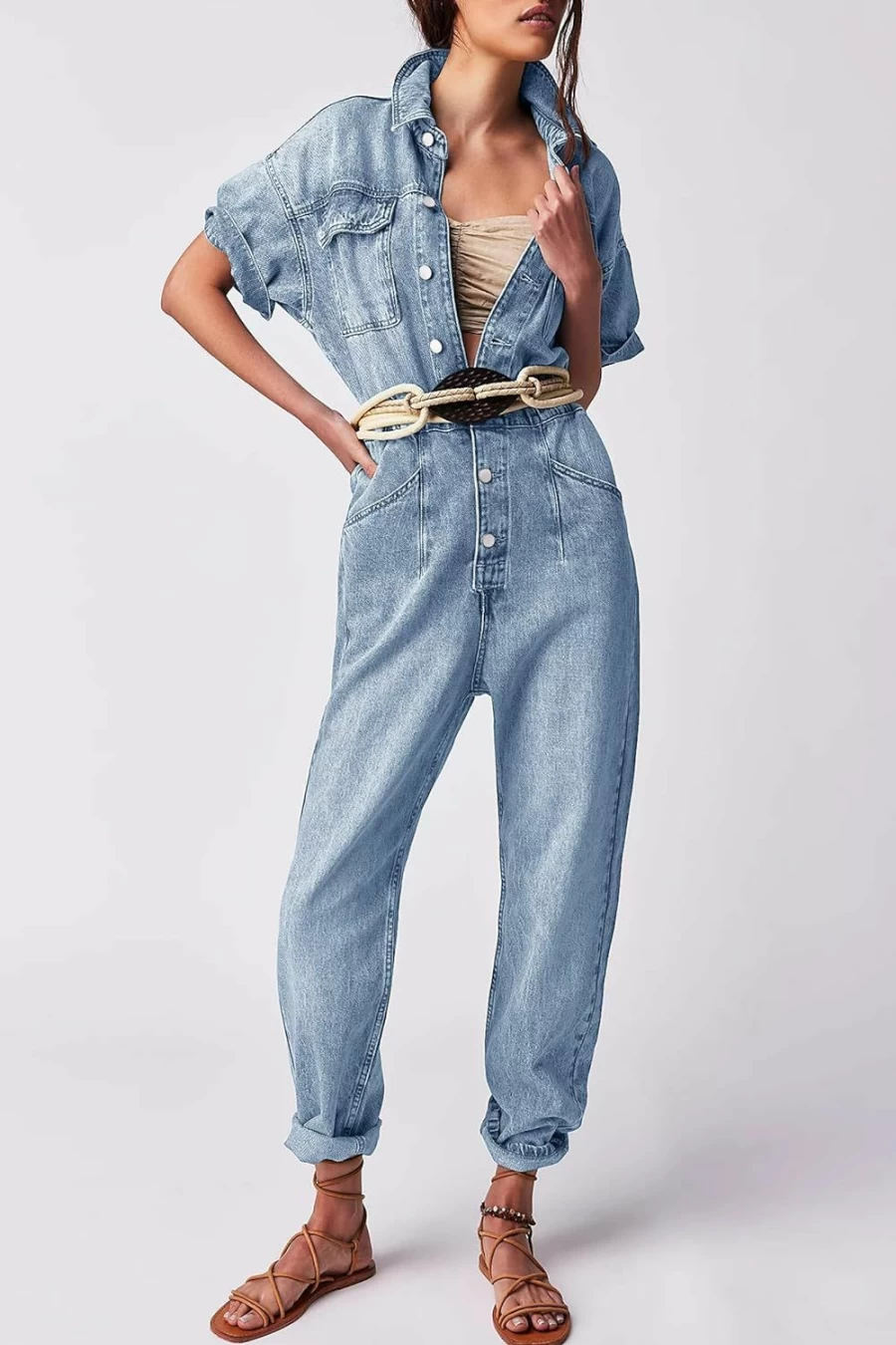 PLNOTME Women's Denim Jumpsuit with Elastic Waist, Button Down Short Sleeve Romper and Long Pants with Pockets