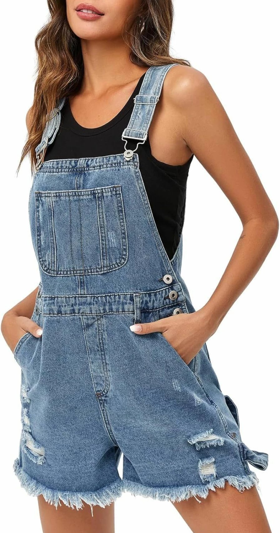 PLNOTME Women's Distressed Denim Shortalls with Adjustable Straps & Utility Pockets | Stylish Jean Bib Overalls for Women