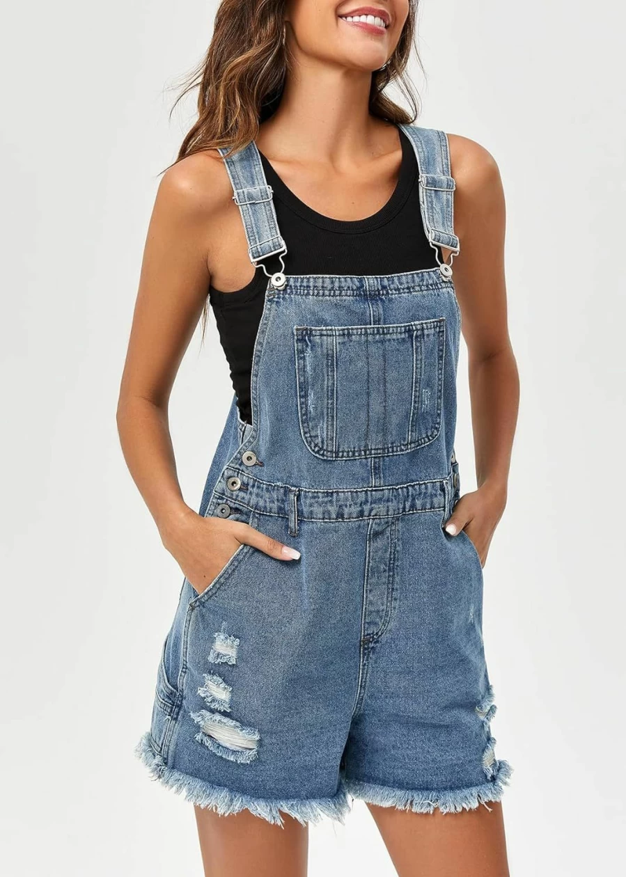 PLNOTME Women's Distressed Denim Shortalls with Adjustable Straps & Utility Pockets | Stylish Jean Bib Overalls for Women