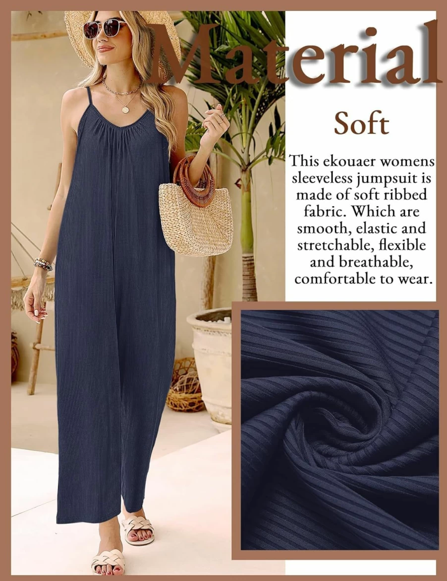 Ekouaer Women's Casual Sleeveless Jumpsuit with Adjustable Spaghetti Straps, Loose Fit Stretchy Romper with Pockets Long Pant Outfit