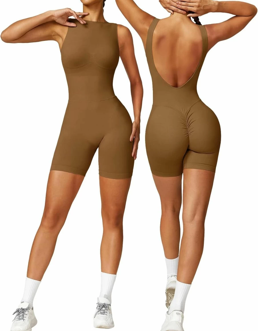OEAK Women's Scrunch Butt Lifting Shorts Unitard - 2024 High Neck Backless Workout Romper with V-Back Design, 5.5" Booty Shorts for Gym & Fitness