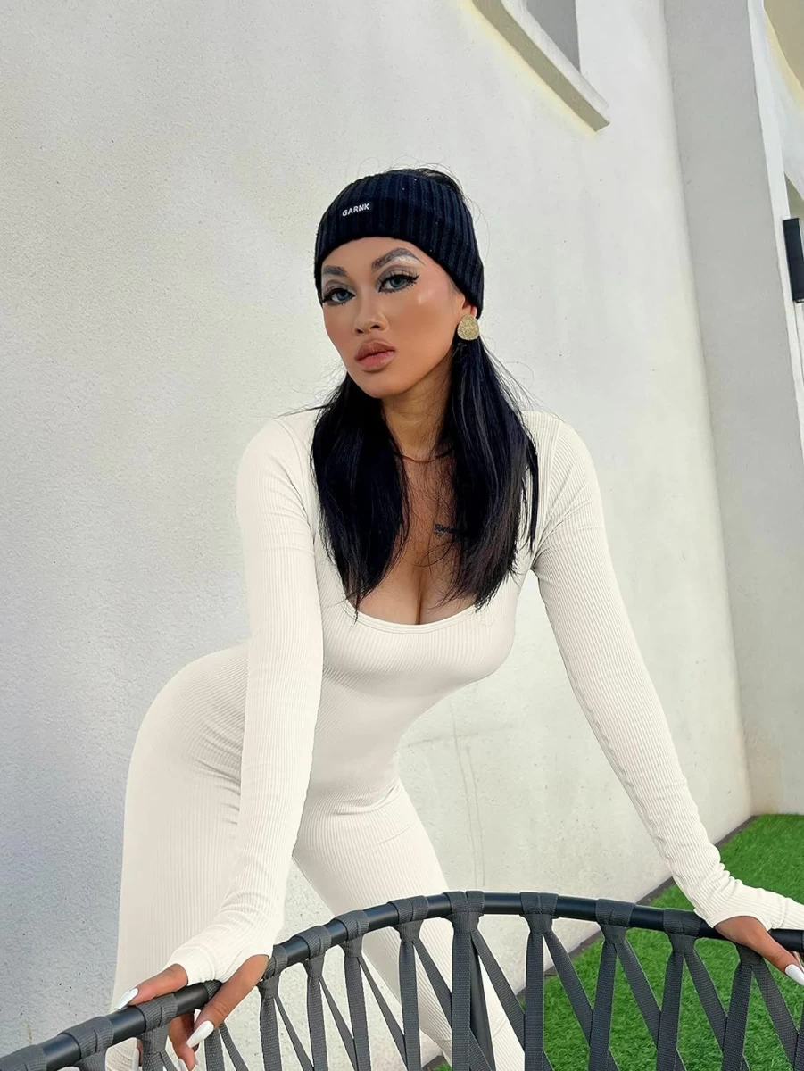 OQQ Women's Ribbed Long Sleeve Yoga Jumpsuit - Workout & Sport Romper for Fitness