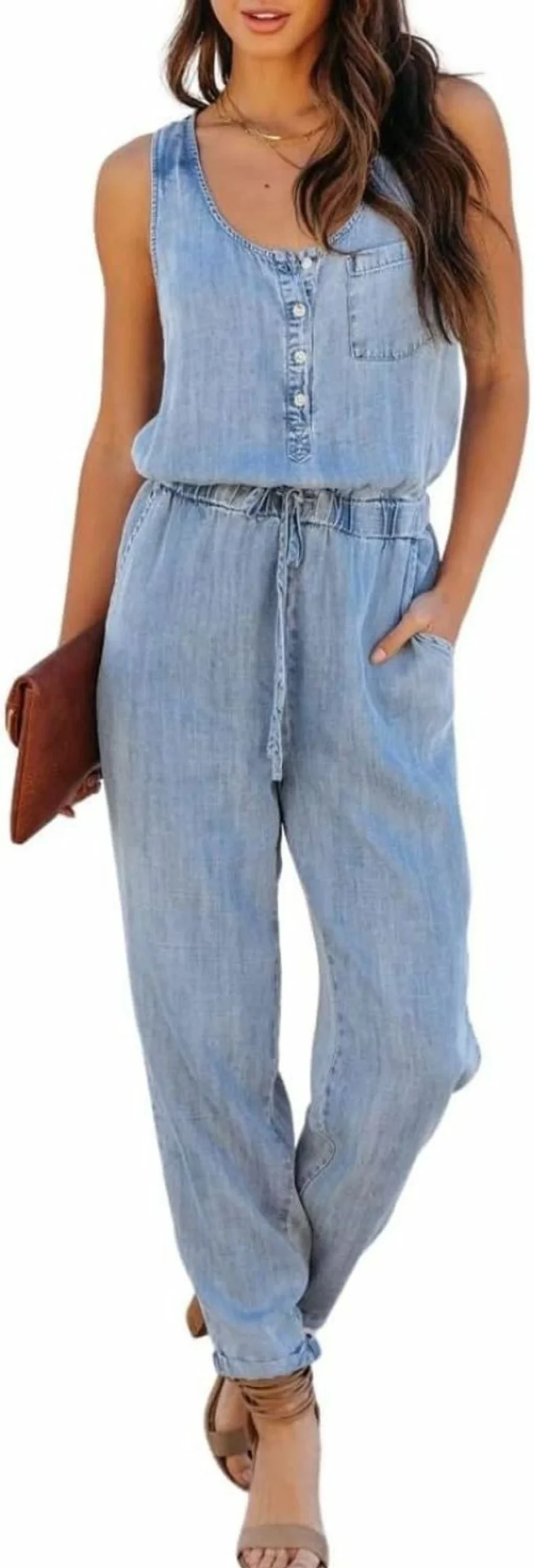 Chouyatou Women's Denim Romper - Sleeveless Jumpsuit with Drawstring Waist & Scoop Neck Casual Overalls