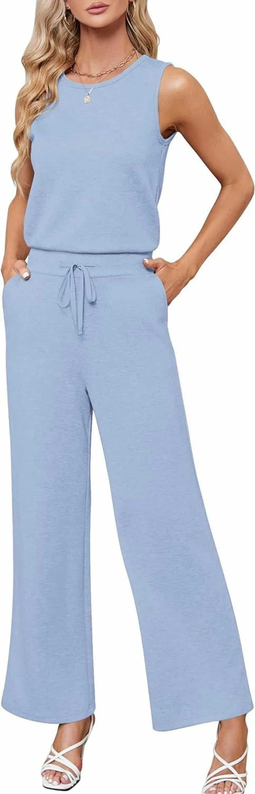 Sarin Mathews Women's Casual Sleeveless Wide Leg Jumpsuit with Belt and Pockets - Air Essentials Romper