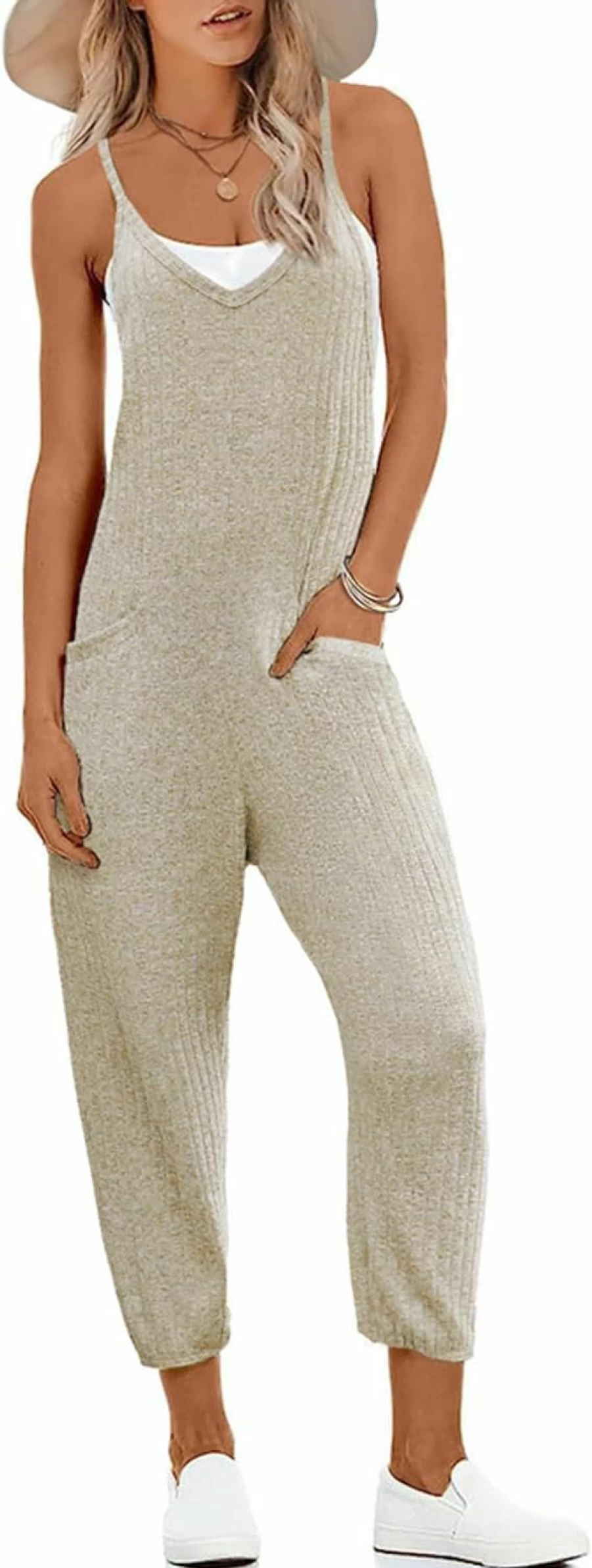 Ekouaer Women's Sleeveless Ribbed Jumpsuit - V Neck Spaghetti Strap Summer Romper with Pockets 2024
