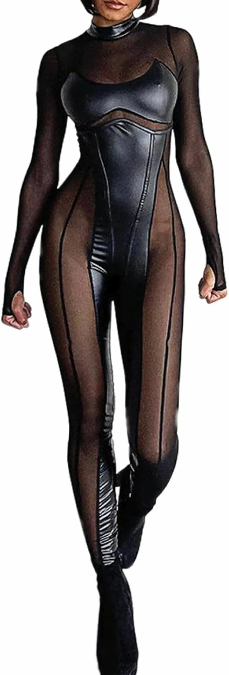 "Magorange Women's Sexy Mesh Patchwork Jumpsuit - Long Sleeve See-Through Bodycon Romper for Club Outfits"