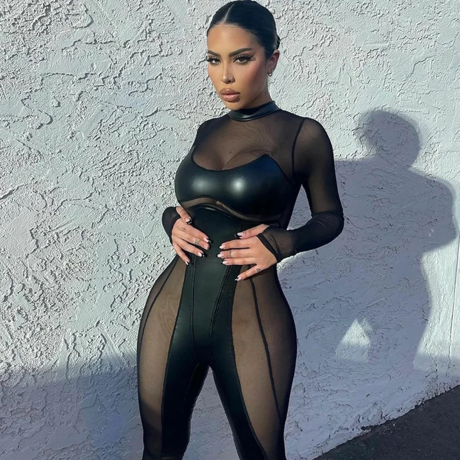"Magorange Women's Sexy Mesh Patchwork Jumpsuit - Long Sleeve See-Through Bodycon Romper for Club Outfits"