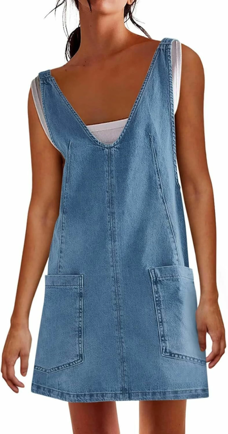 PLNOTME Women's Denim Overalls Dress - Sleeveless V-Neck Mini Jean Jumper with Pockets for Summer