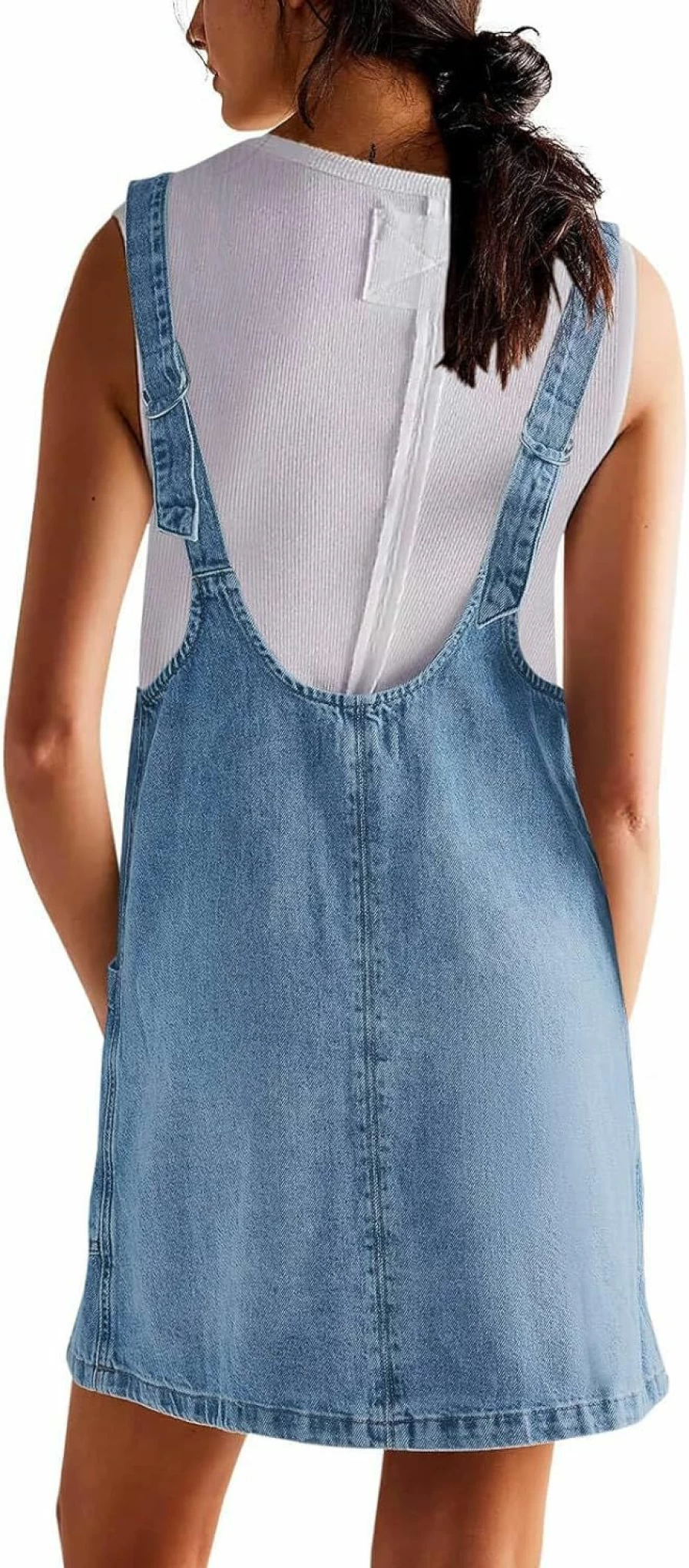 PLNOTME Women's Denim Overalls Dress - Sleeveless V-Neck Mini Jean Jumper with Pockets for Summer