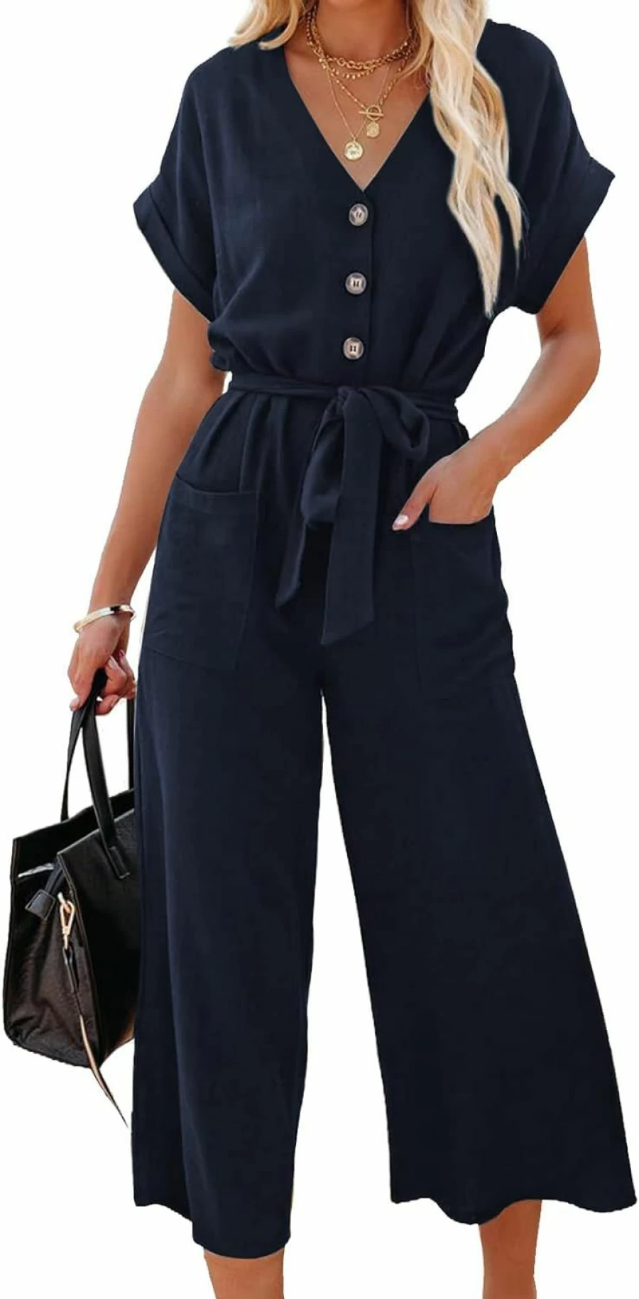 Acelitt Women's V-Neck Wide Leg Jumpsuit with Belt and Pockets - Short Sleeve Romper (S-XXL)