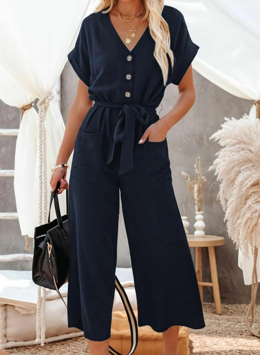 Acelitt Women's V-Neck Wide Leg Jumpsuit with Belt and Pockets - Short Sleeve Romper (S-XXL)
