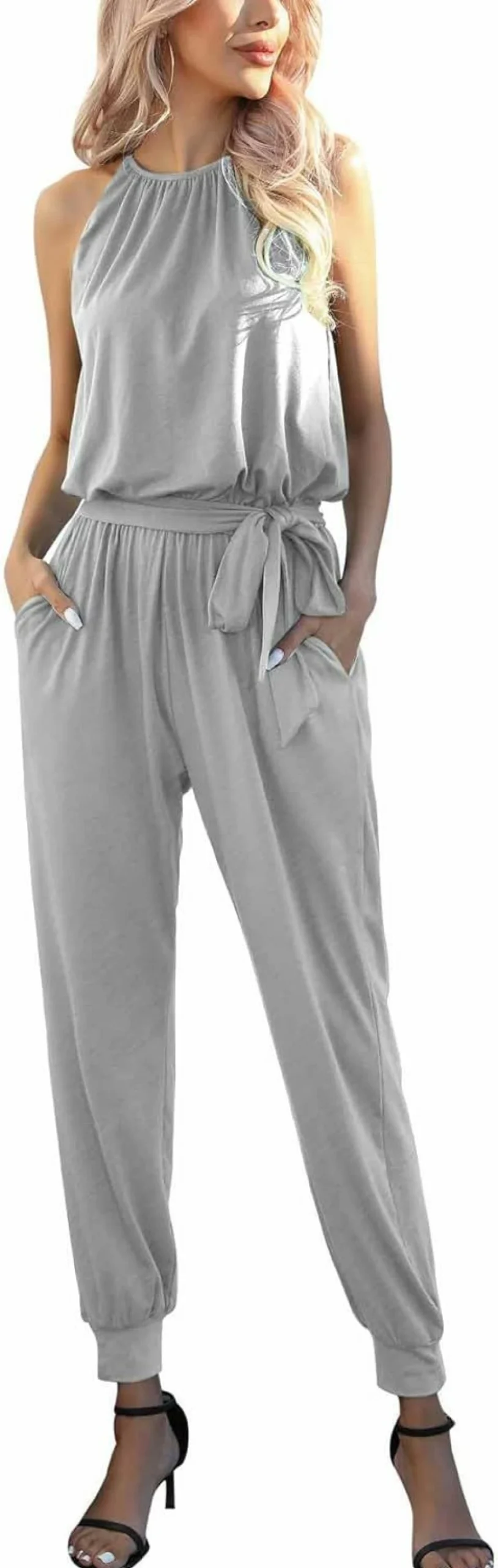Byinns Women's Summer Sleeveless Jumpsuit - Halter Neck High Waist Romper with Belt for Casual Wear