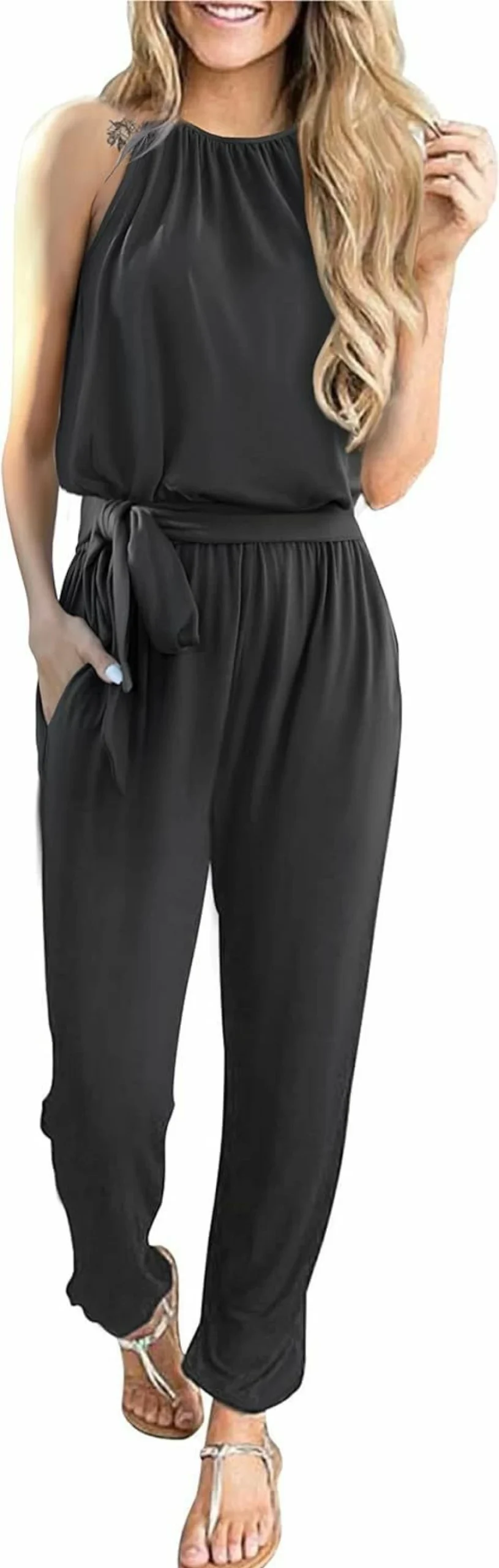 Byinns Women's Summer Sleeveless Jumpsuit - Halter Neck High Waist Romper with Belt for Casual Wear