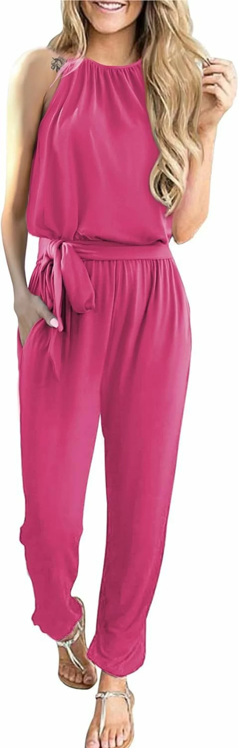 Byinns Women's Summer Sleeveless Jumpsuit - Halter Neck High Waist Romper with Belt for Casual Wear