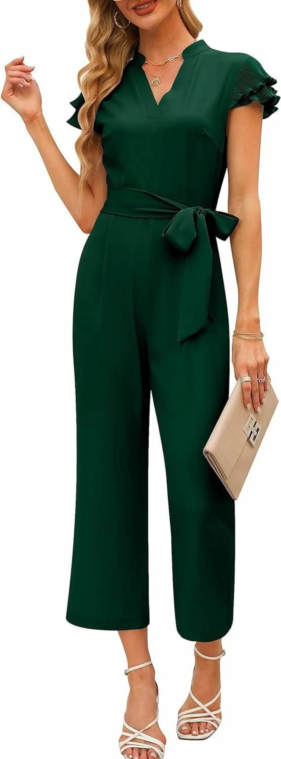 Sucolan Women's Casual V-Neck Ruffle Sleeve Jumpsuit with Belt - Cropped Wide Leg Overalls One-Piece Romper for Business Outfits