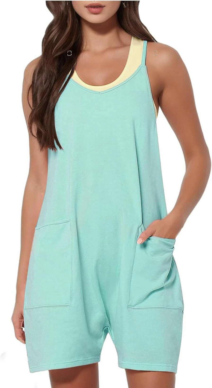 "Buauty Women's Summer Sleeveless Romper Jumpsuit - Loose Fit Spaghetti Strap Short Overalls with Pockets, Trendy Casual Outfit"