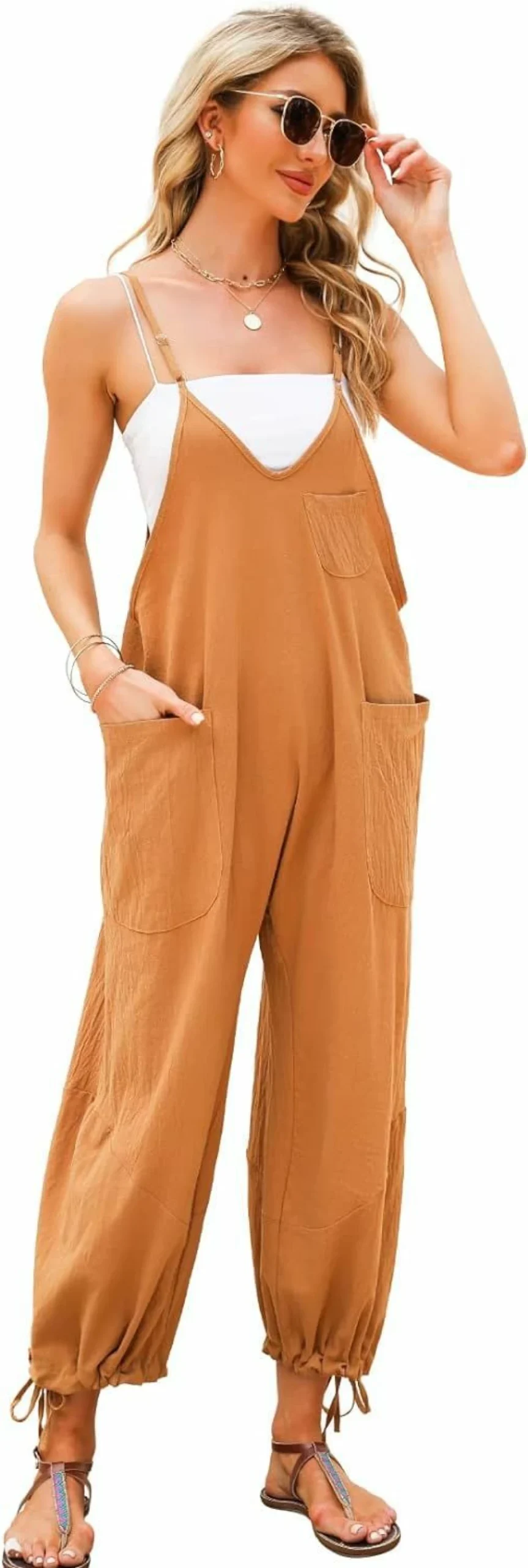 MAYSTEPPE Women's Casual V-Neck Sleeveless Jumpsuit Romper with Adjustable Straps and Pockets - Summer Harem Overalls