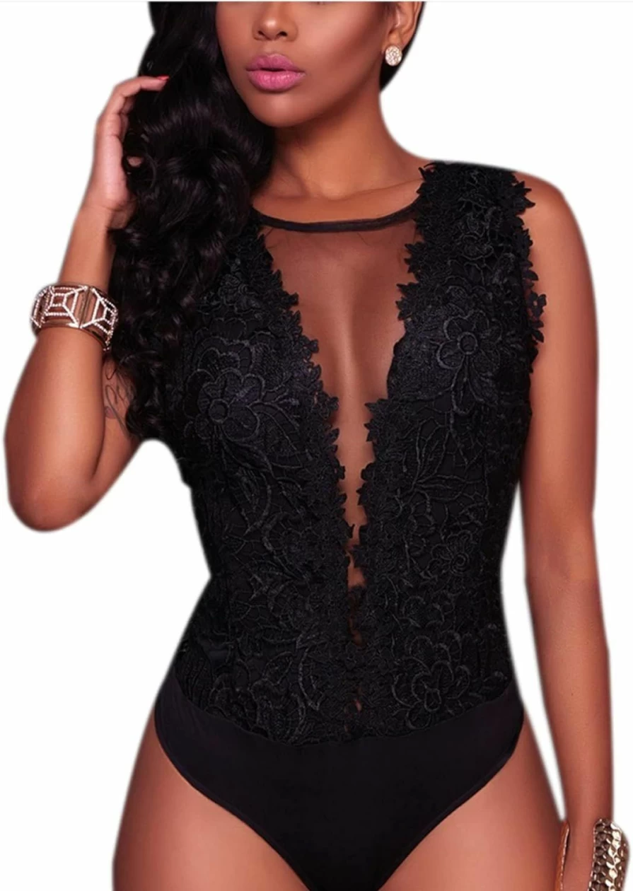 RARITYUS Women's Sexy Lace Swimsuit Bodysuit - See Through Mesh Jumpsuit for Beach, Party, or Night Out (Sleeveless/Long Sleeve Options)