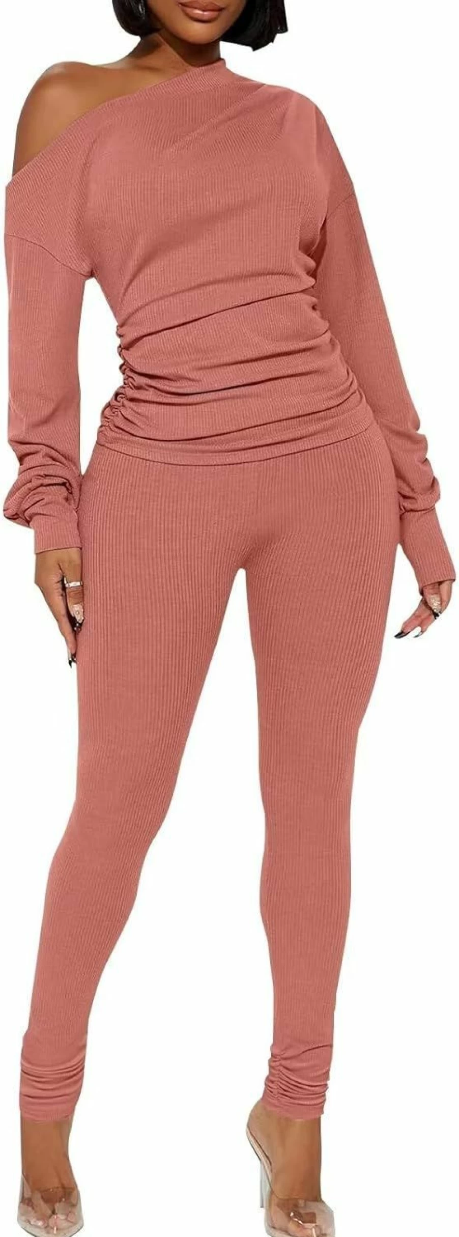 Ekaliy Women's Sexy Off-Shoulder Ribbed Tracksuit Set - 2 Piece Clubwear Outfit