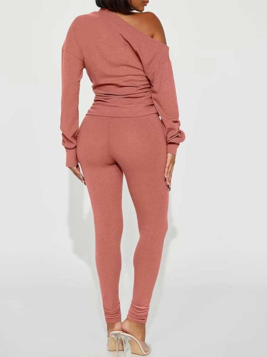 Ekaliy Women's Sexy Off-Shoulder Ribbed Tracksuit Set - 2 Piece Clubwear Outfit