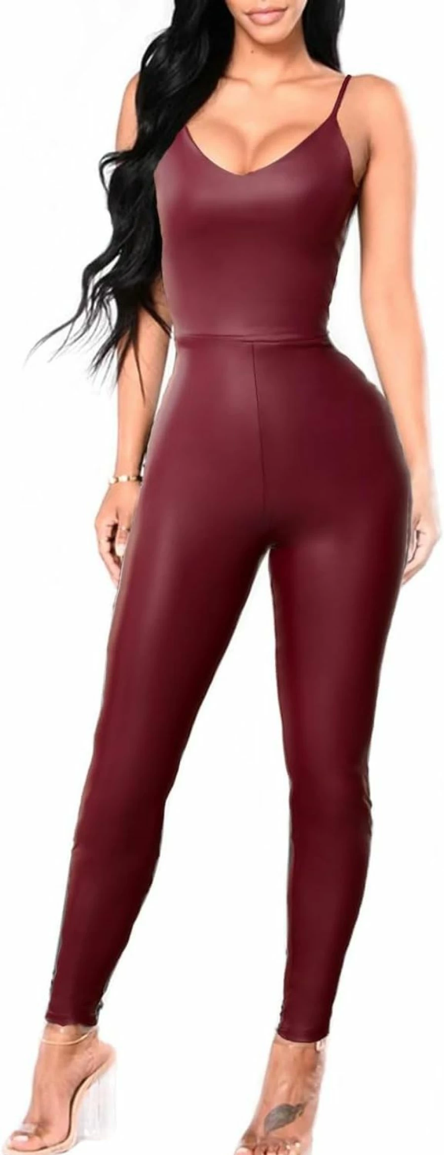"PICK YOUR LOOK Women's Sexy Faux Leather Jumpsuit - Back Zipper Bodycon One Piece Romper"