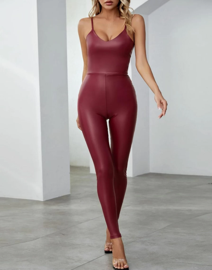 "PICK YOUR LOOK Women's Sexy Faux Leather Jumpsuit - Back Zipper Bodycon One Piece Romper"