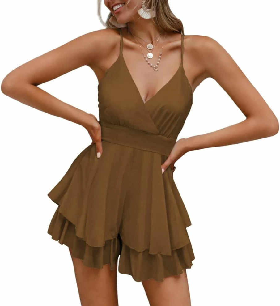 AOHITE Women's Summer Beach Jumpsuit - Sexy Spaghetti Strap Romper with Tie Detail and Ruffle Hem