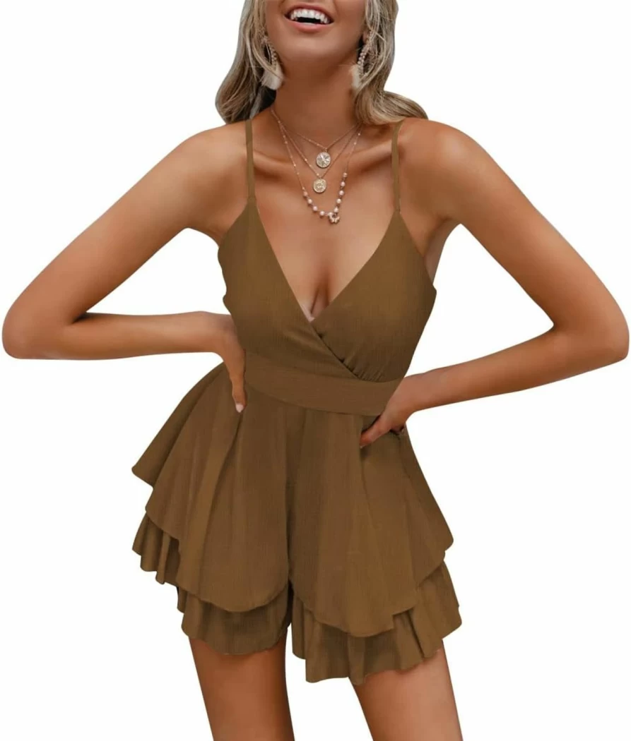 AOHITE Women's Summer Beach Jumpsuit - Sexy Spaghetti Strap Romper with Tie Detail and Ruffle Hem