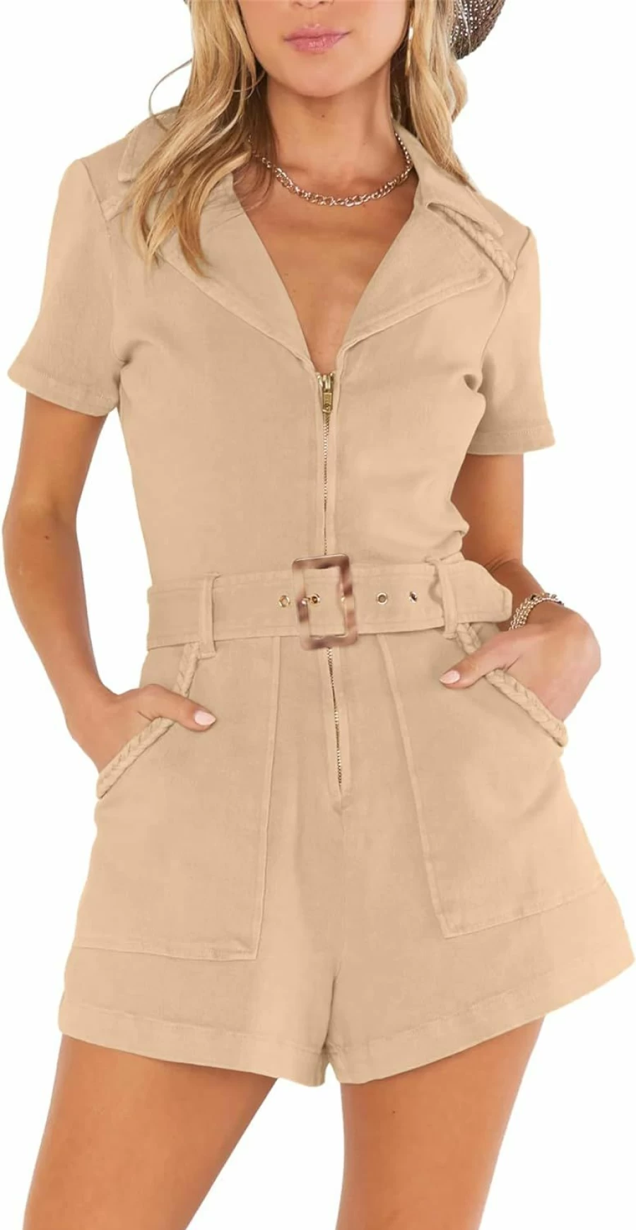 Jeanewpole1 Women's Cotton Summer Romper with Belt and Pockets - Short Sleeve Zip-Up Jumpsuit