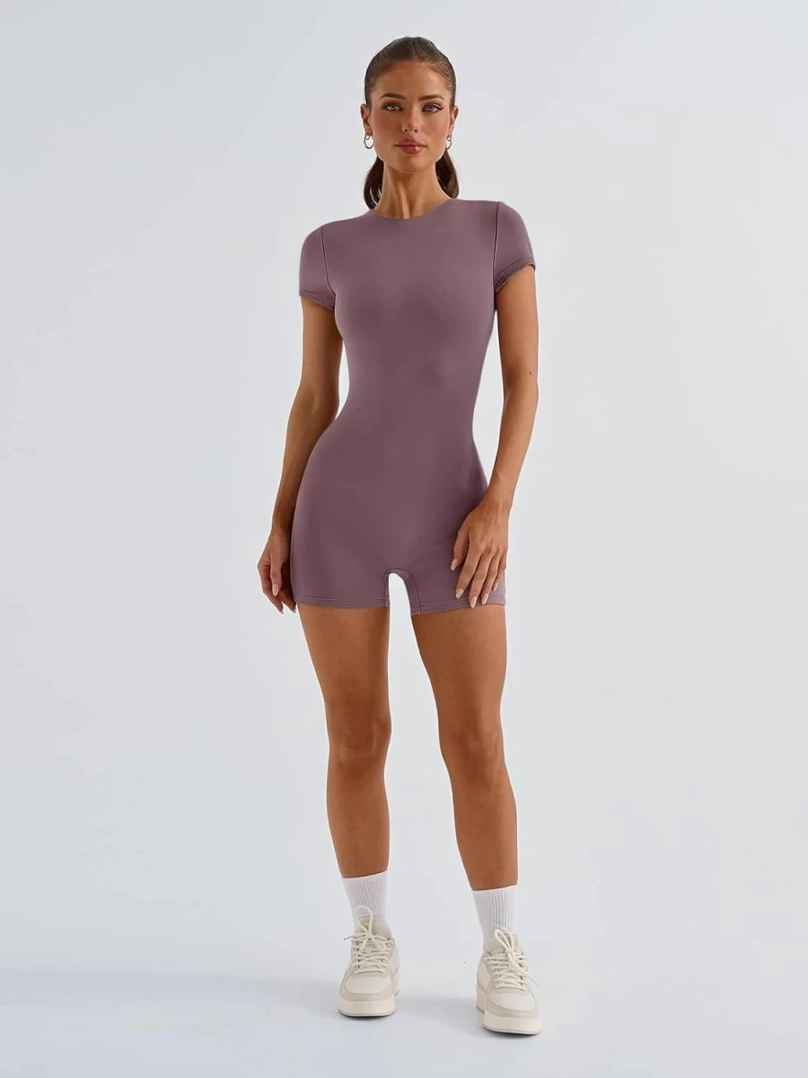 AUTOMET Women's Yoga Jumpsuit - Workout Romper, Crew Neck Short Sleeve Bodysuit for Gym & Fitness