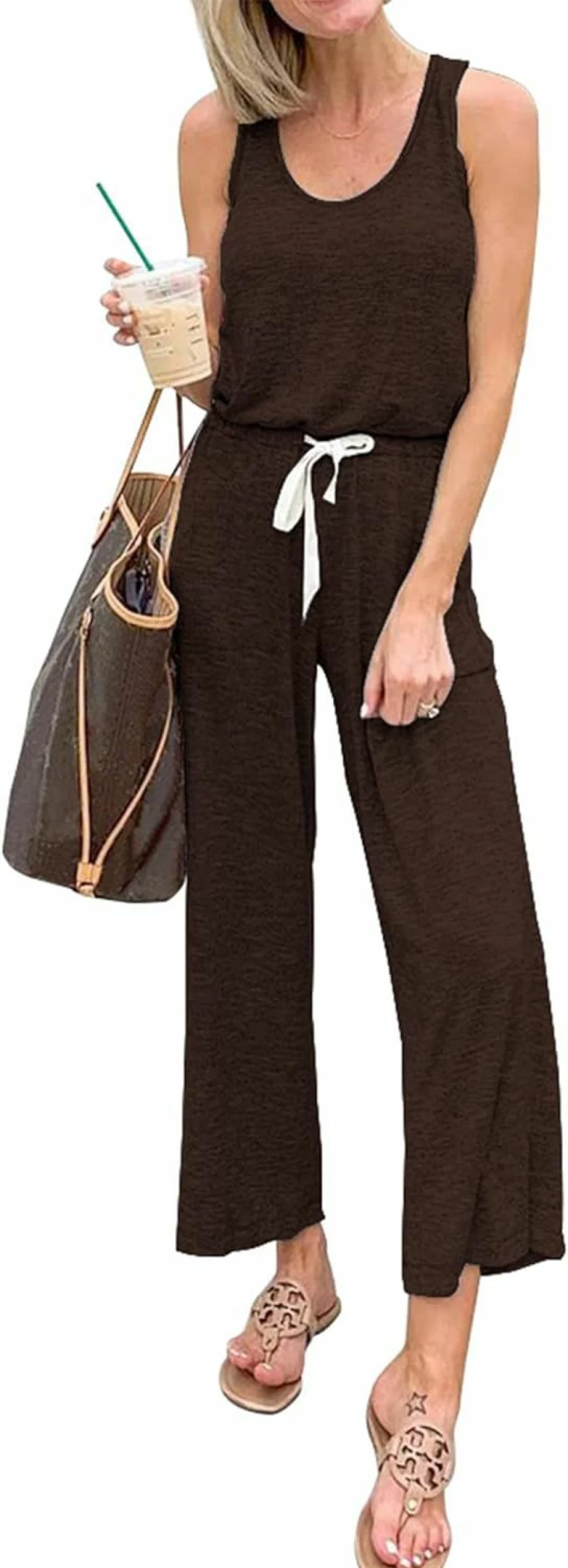 PRETTYGARDEN Women's Casual Sleeveless Jumpsuit with Drawstring Waist - Stretchy Romper with Crew Neck and Long Pants