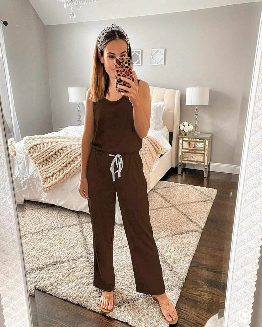 PRETTYGARDEN Women's Casual Sleeveless Jumpsuit with Drawstring Waist - Stretchy Romper with Crew Neck and Long Pants