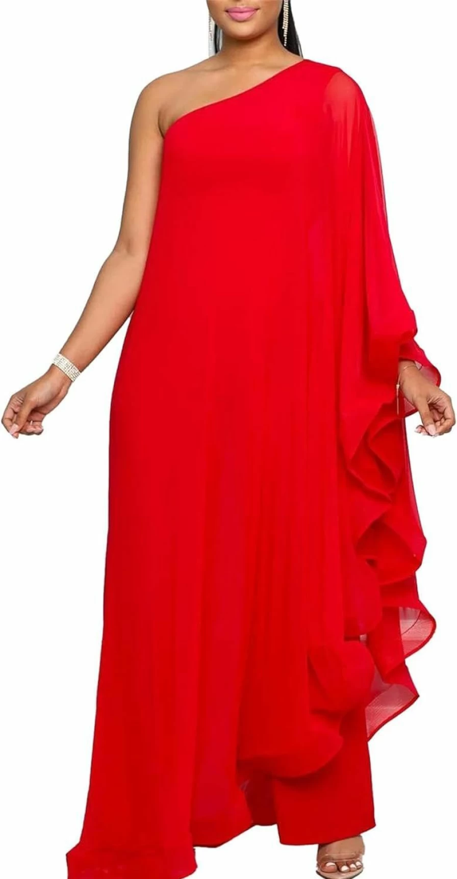 Lyaheima Women's Elegant One Shoulder Ruffle Patchwork Jumpsuit - Sexy Wide Leg Romper with Elastic Waist Long Pants