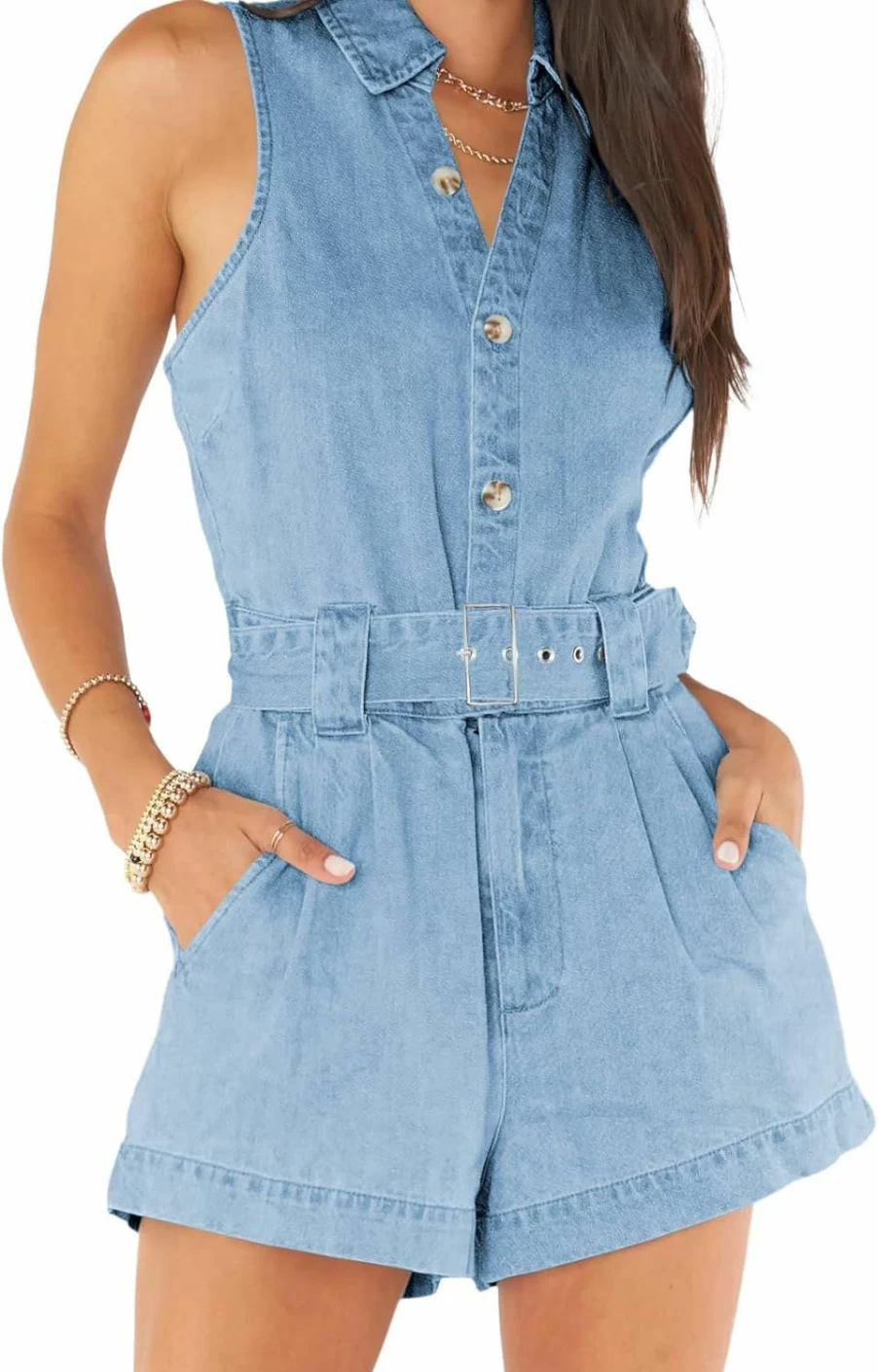 PLNOTME Women's Denim Romper Sleeveless Jumpsuit with Belt Summer Casual Button Down Shorts