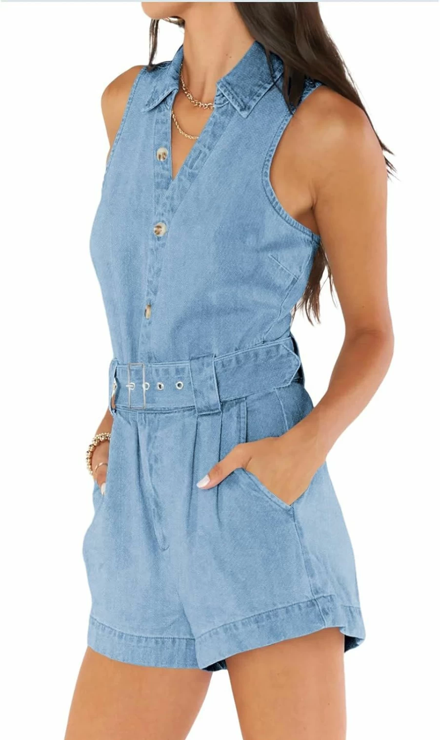 PLNOTME Women's Denim Romper Sleeveless Jumpsuit with Belt Summer Casual Button Down Shorts