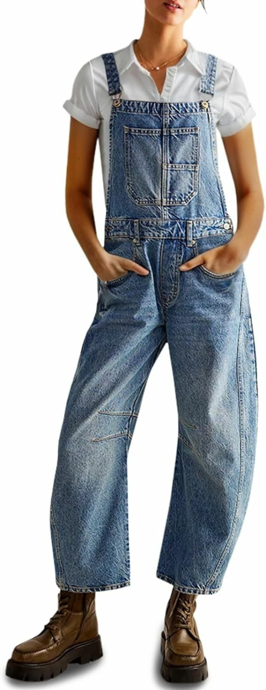 PLNOTME Women's Adjustable Strap Denim Overalls with Barrel Leg & Pockets - Stylish Jean Jumpsuit for Women