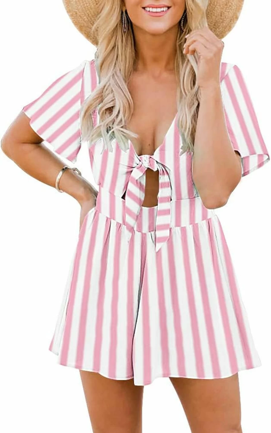 Aoysky Women's Summer Casual V-Neck Tie-Front Romper Jumpsuit - Loose Fit Wide Leg Beach Overalls for Women