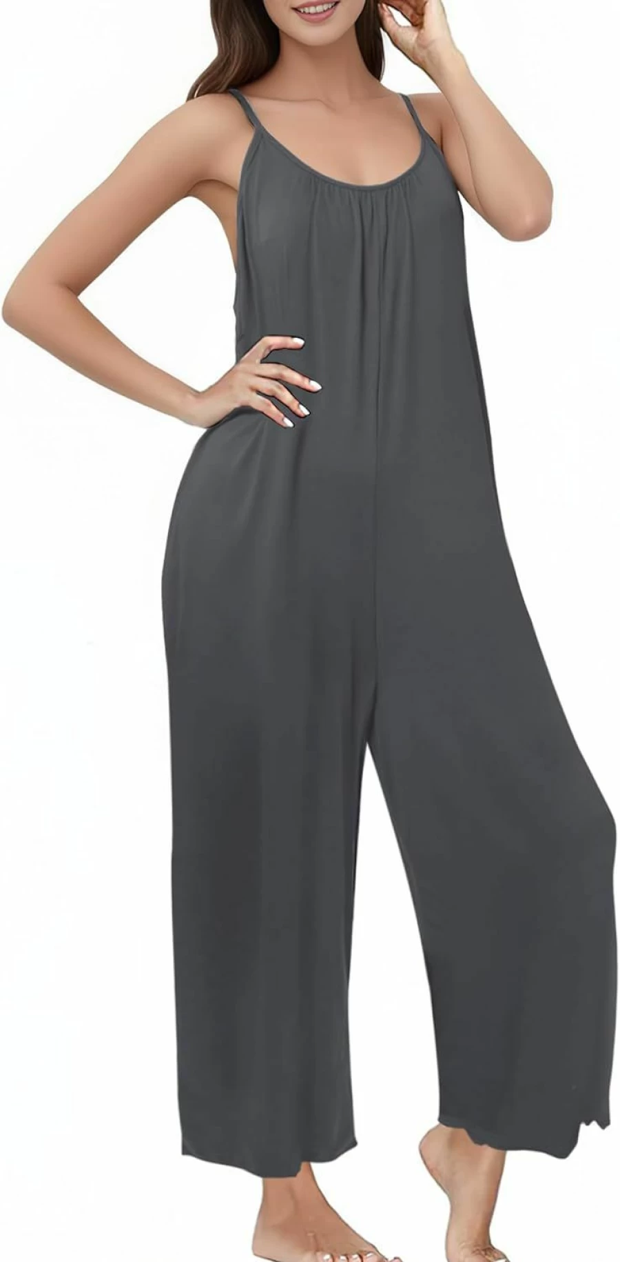 Buauty Women's Casual Sleeveless Jumpsuit with Adjustable Straps, Stretchy Wide Leg Romper & Pockets