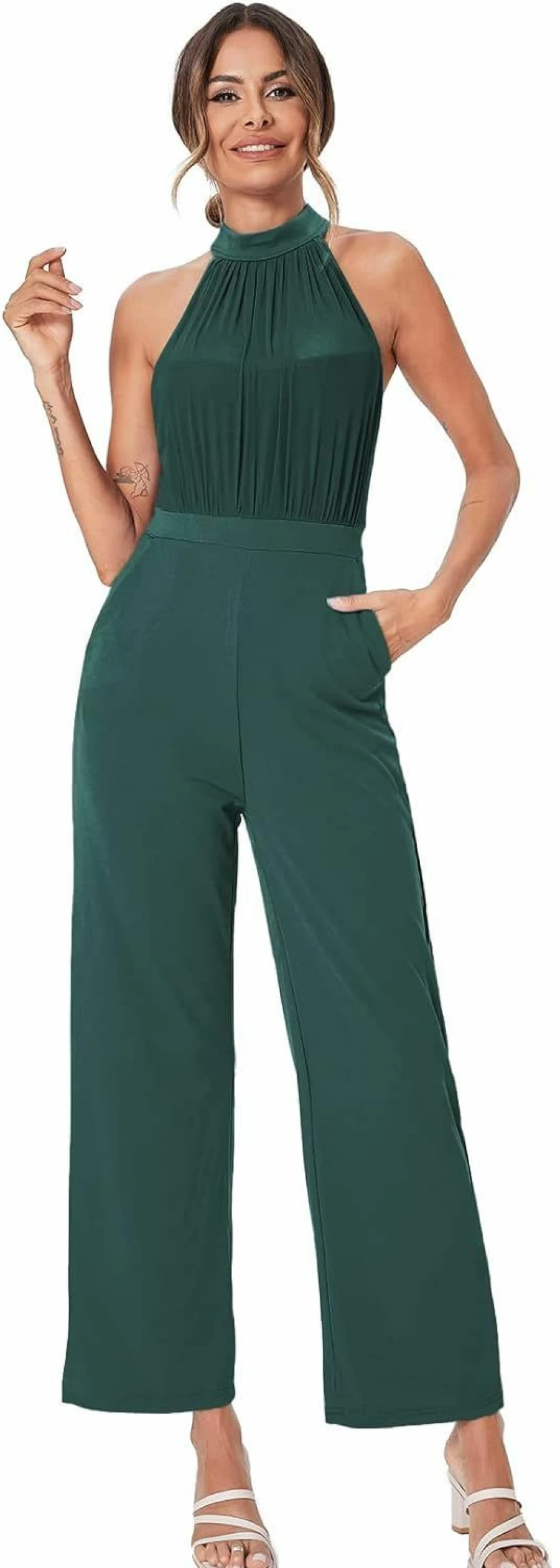 SweatyRocks Women's Elegant Halter Neck High Waist Flare Leg Romper Jumpsuit - Summer Sleeveless Casual Outfit