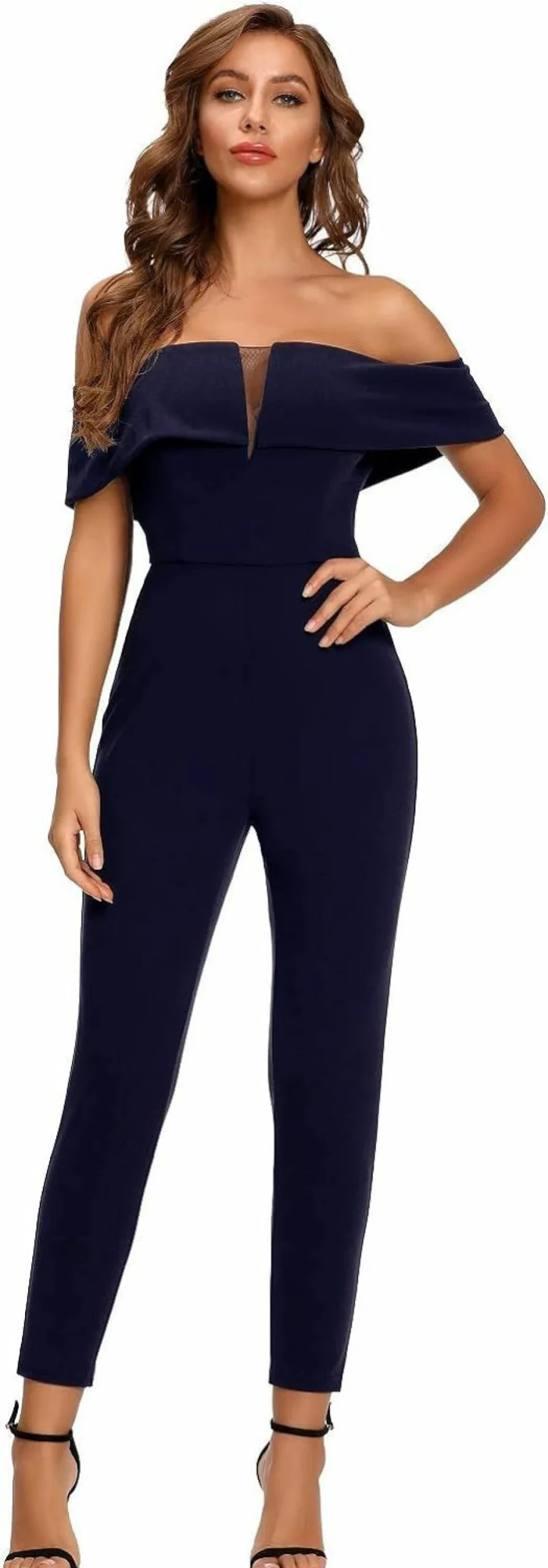 SUGAR POISON Women's Elegant Off-Shoulder Lace Jumpsuit - High Waist Long Romper for Evening Wear