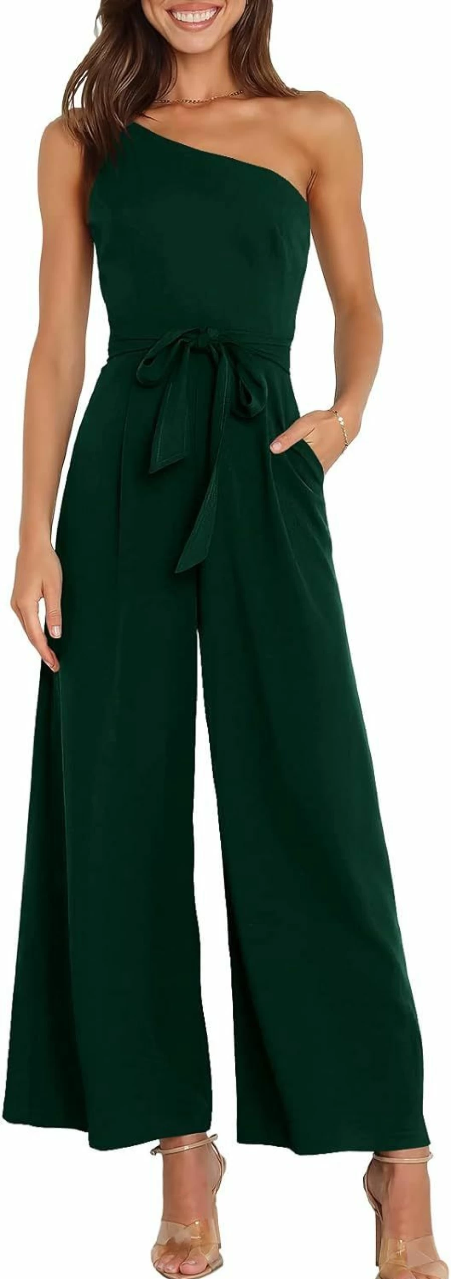 Caracilia Women's One Shoulder Backless Jumpsuit Romper with Tie Waist and Pockets - Summer Sleeveless Wide Leg Outfit