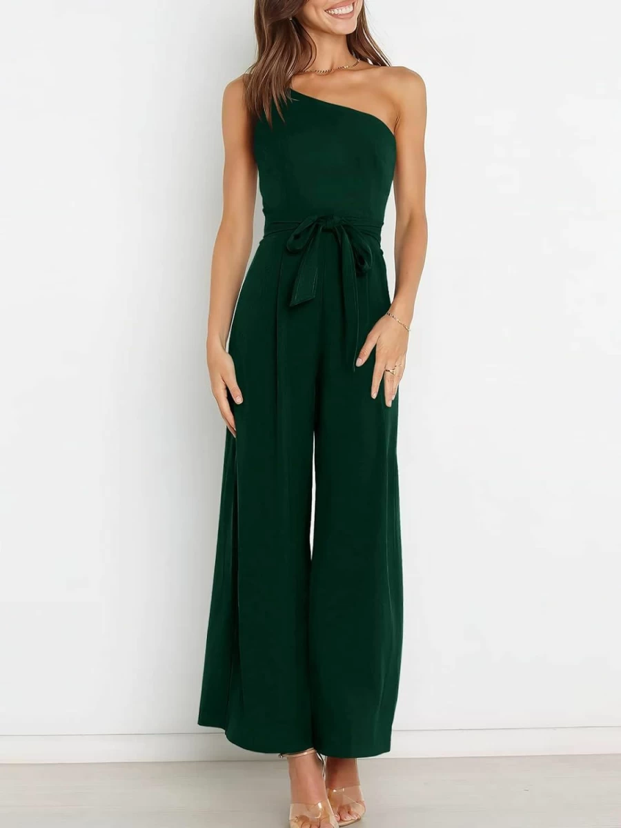Caracilia Women's One Shoulder Backless Jumpsuit Romper with Tie Waist and Pockets - Summer Sleeveless Wide Leg Outfit
