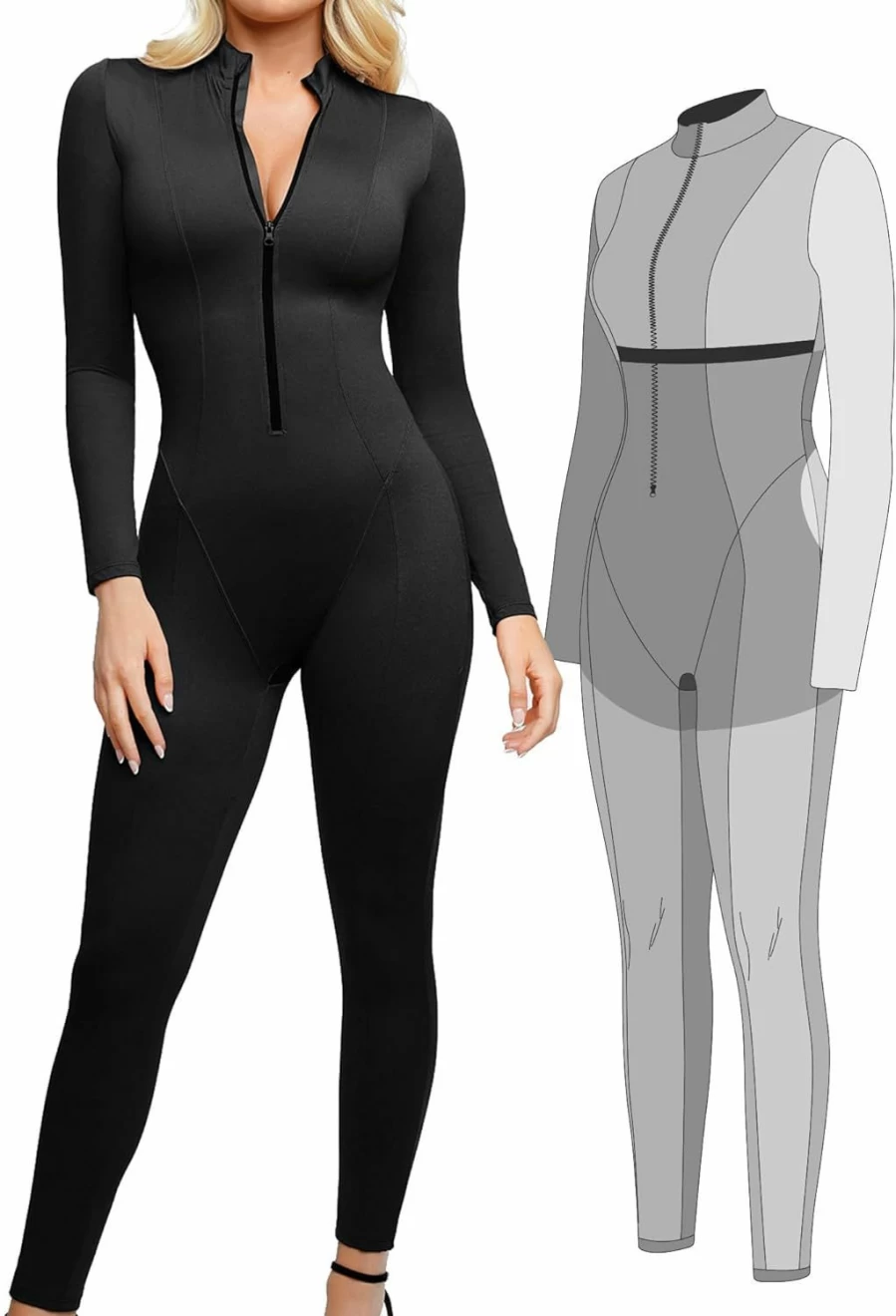 Popilush Women's Shapewear Jumpsuit - Long Sleeve Turtleneck Romper Bodysuit with Zipper for Workout & Sports